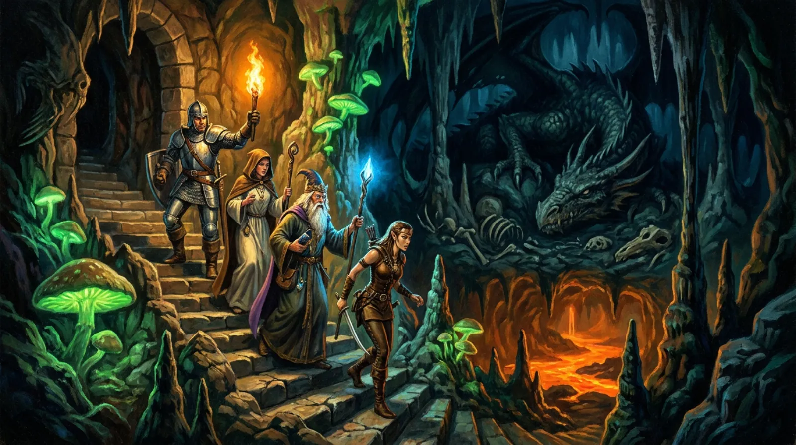Painted fantasy cover art: a fighter with a torch, a hooded cleric, a bearded wizard and a nimble thief descend a crumbling stair into a cavern lit by green mushrooms and a river of lava, where a dragon lies coiled on a heap of bones.
